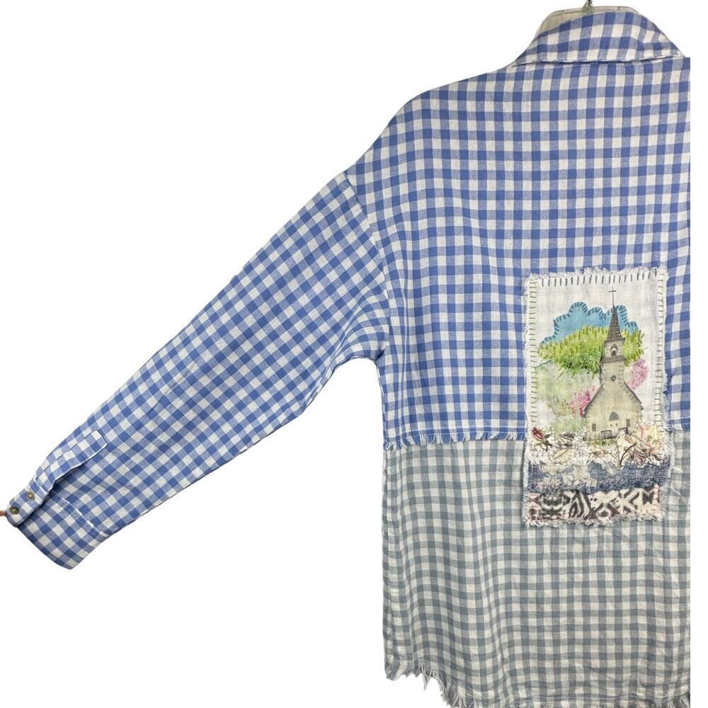 Entro Shirt Womens Large Light Blue Gray Gingham Frayed Raw Hem Visible Mending - Picture 4 of 9